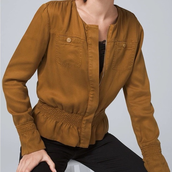 White House Black Market Smocked Soft Jacket Medium Ochre Brown Tan Zip Front - Picture 1 of 10